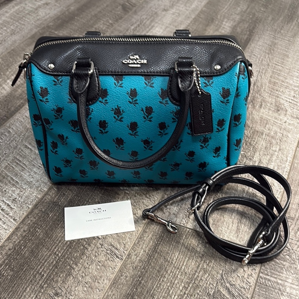 Coach Badlands Mini Bennett Satchel with Black and Teal Floral Print 2016